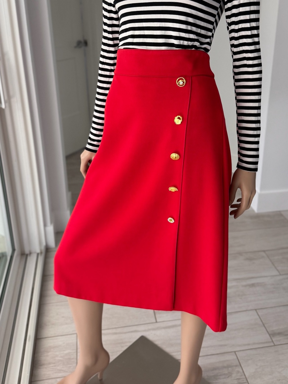 Ann Taylor Red Midi Skirt Size 10 NWT Statement Gold Evil Eye Buttons A-Line